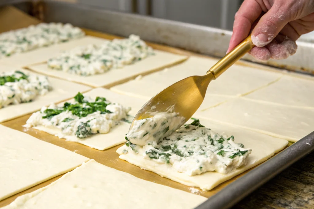 Spreading cottage cheese filling on lasagna sheets for a savory bake