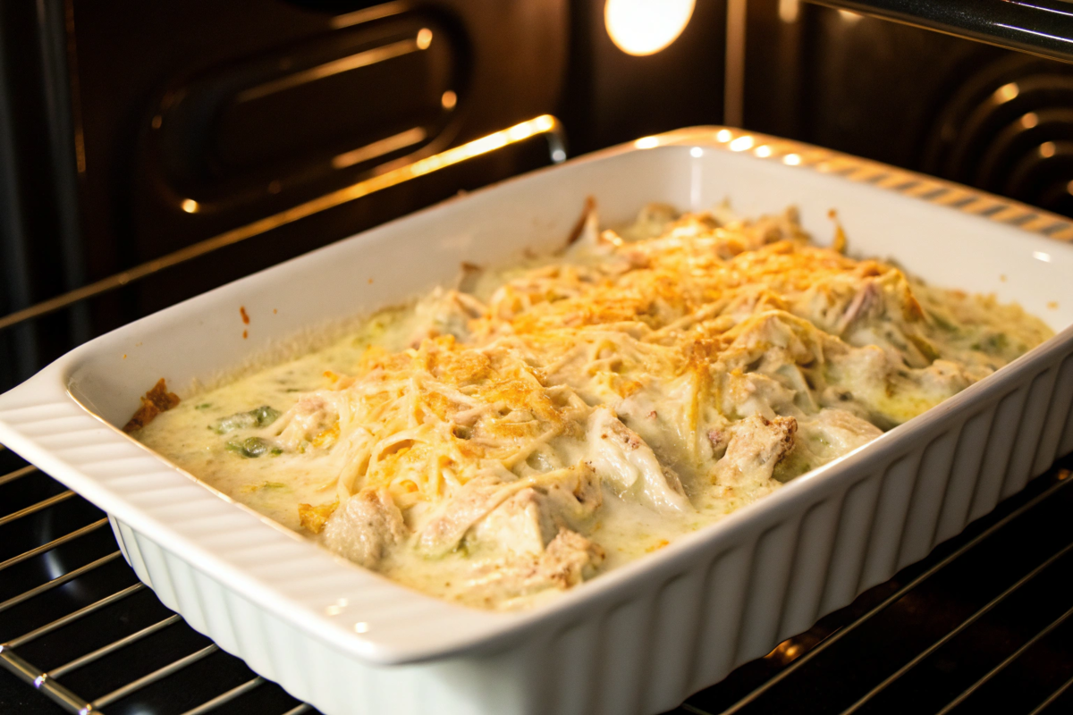 Rotisserie chicken casserole baking with melted cheese topping