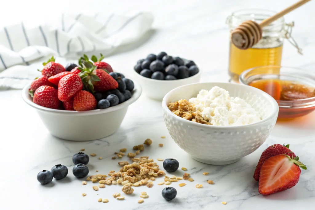 Ingredients for a sweet cottage cheese parfait with fruits, honey, and granola.