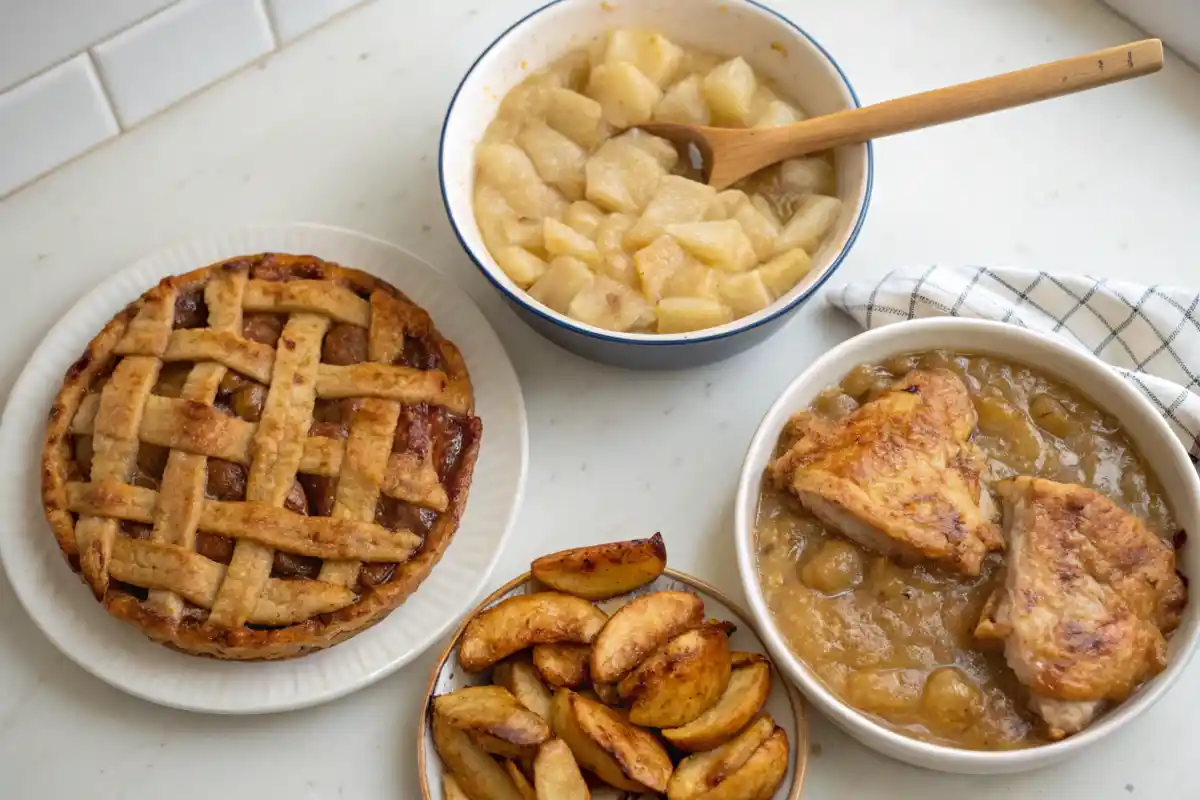 Three creative dishes with cooked apples: apple pie, pork chops with sautéed apples, and homemade applesauce on a kitchen counter.