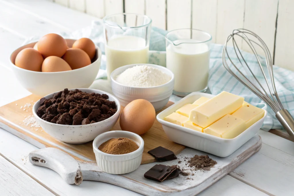 Ingredients for chocolate box cake with eggs, milk, and butter on a rustic wooden surface."