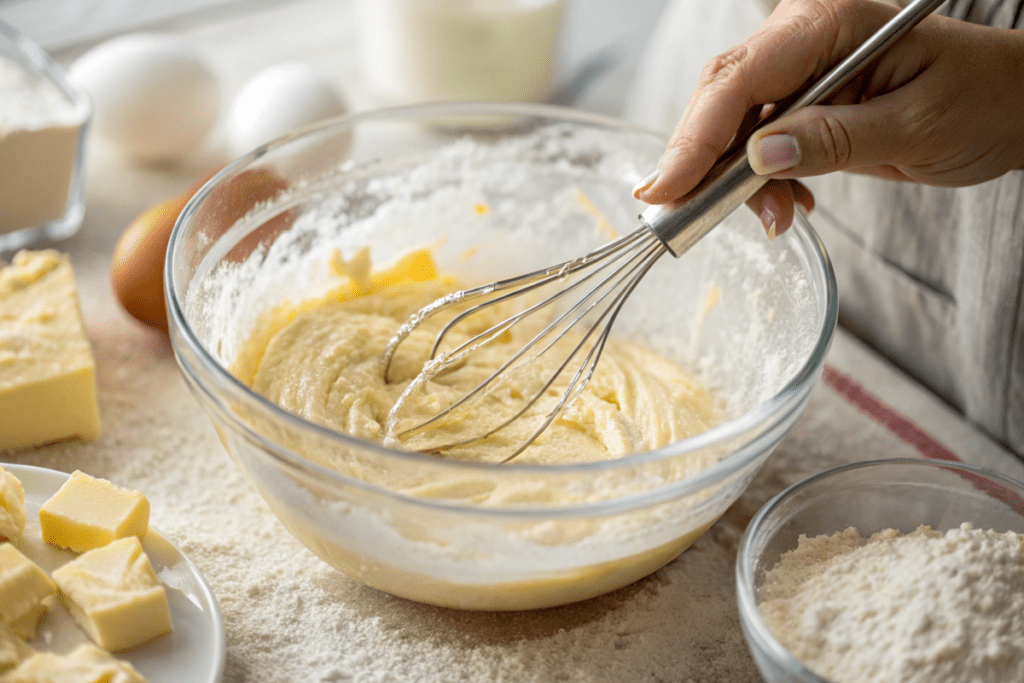 Whisking smooth cake batter in a bowl, surrounded by ingredients