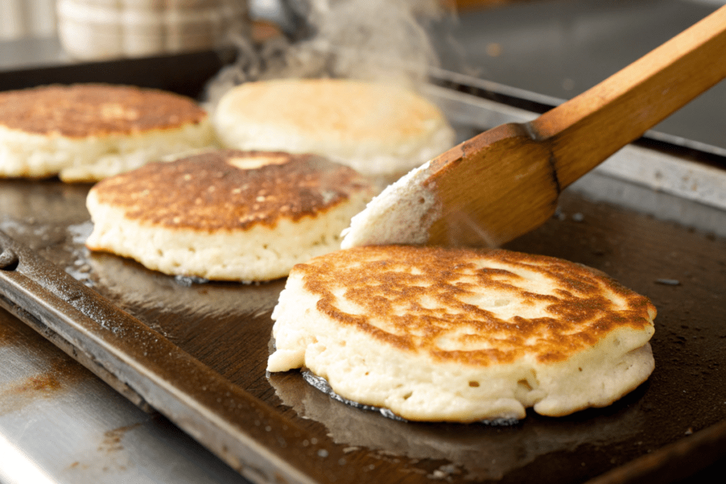 Golden cottage cheese pancakes cooking on a griddle