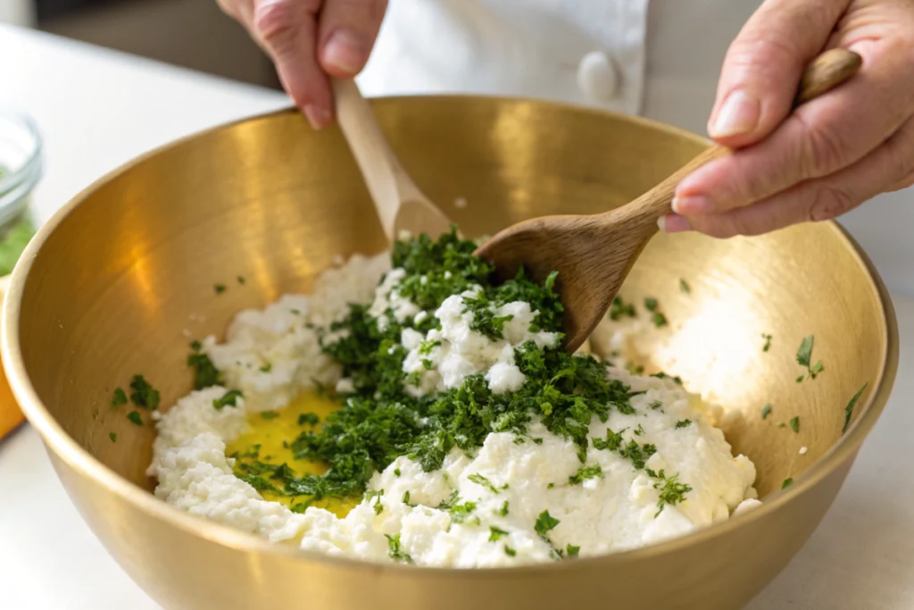 Mixing cottage cheese with herbs and garlic for a savory recipe.