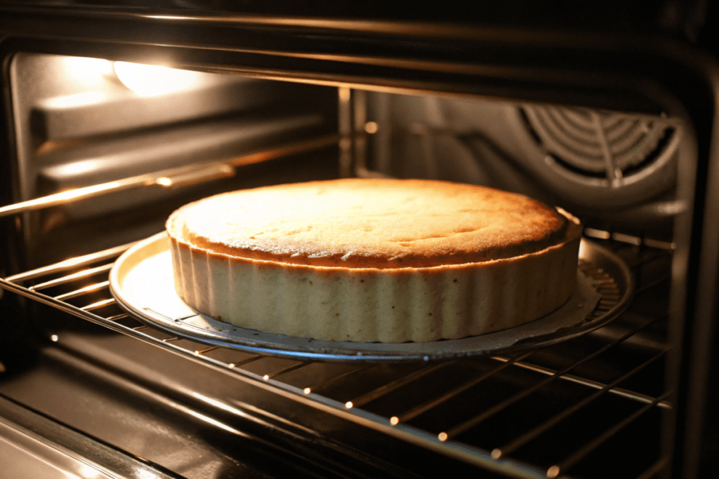 Cake rising in the oven with golden edges forming.