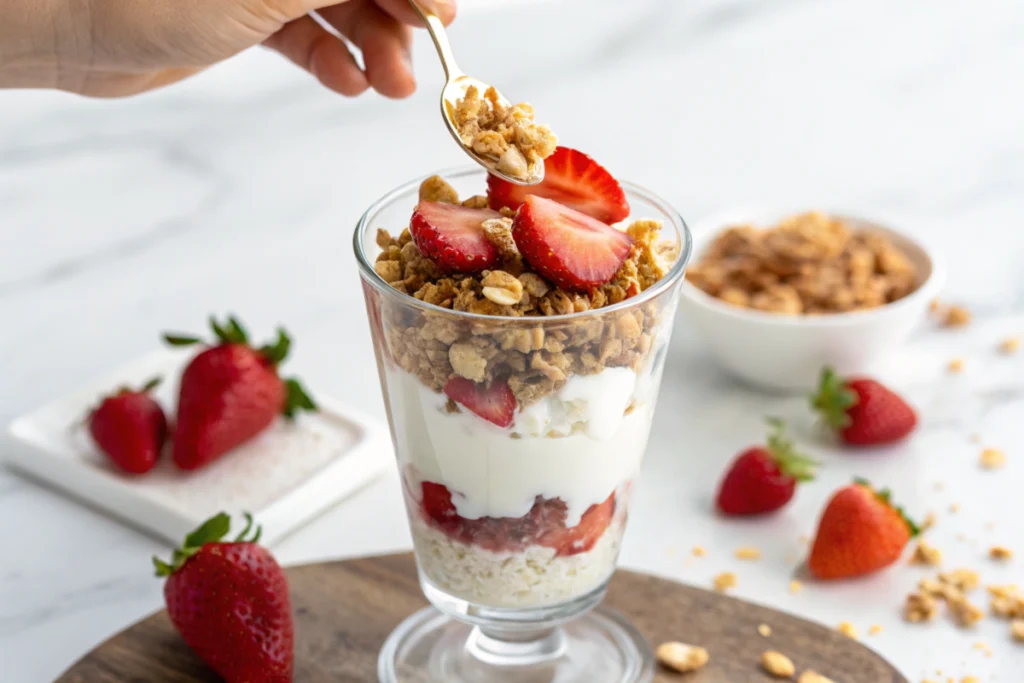 Layering cottage cheese, fruits, and granola for a parfait