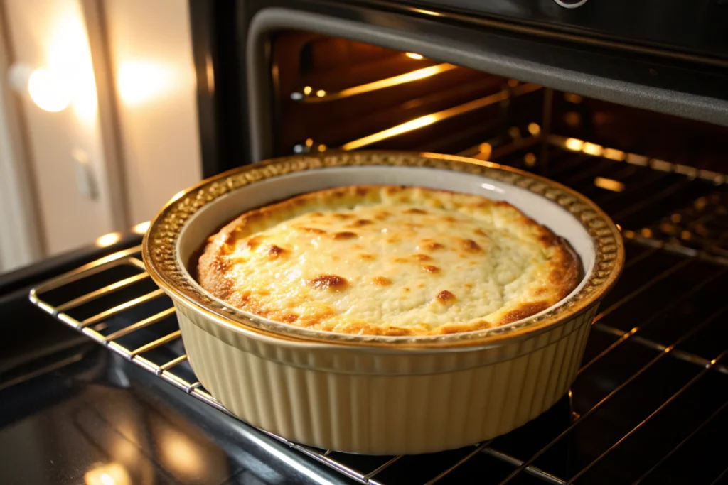 Cottage cheese casserole baking in a golden dish with golden-brown edges.