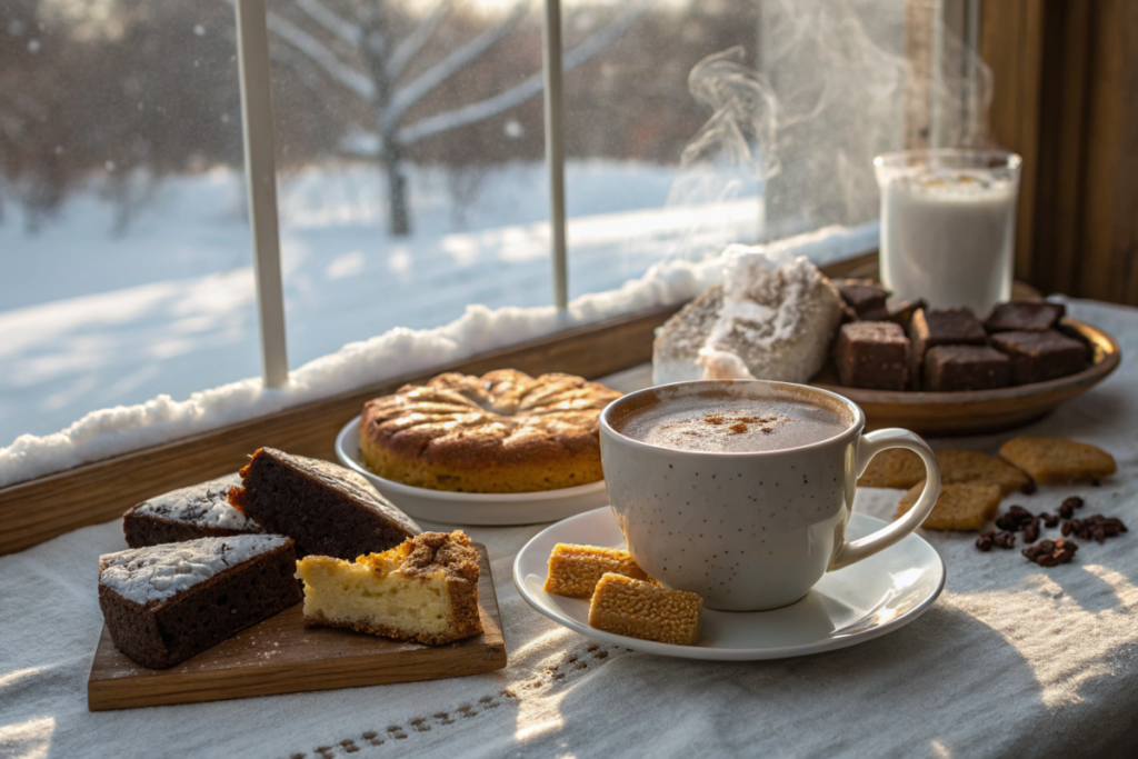 A steaming cup of hot cocoa with cornbread, brownies, and churro cheesecake on a cozy table.