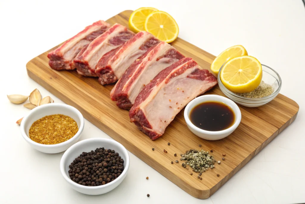 Raw ribs with seasonings and marinade ingredients ready for cooking in the oven or on the grill.