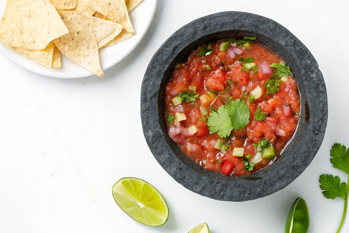 Salsa served in a traditional molcajete with lime wedges and tortilla chips.