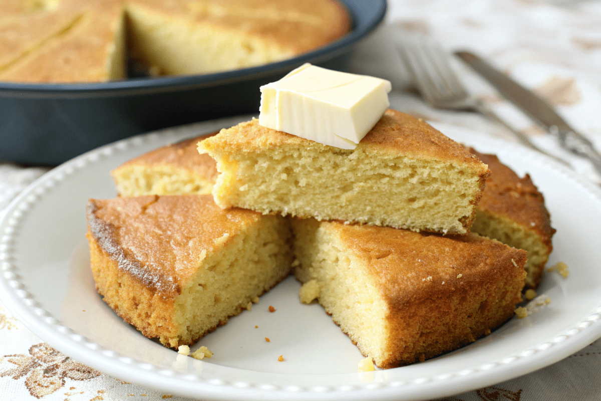 Served Southern cornbread wedges with butter melting on top