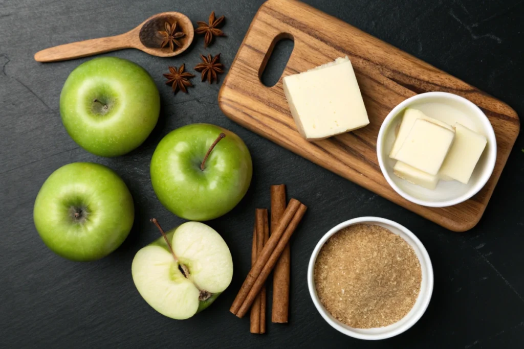 Fresh ingredients for fried apples recipe on a black background.