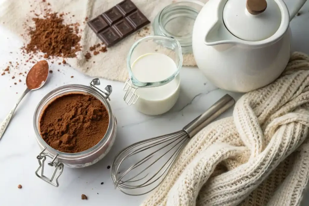 A steaming cup of hot cocoa with milk and water pitchers on a rustic table.