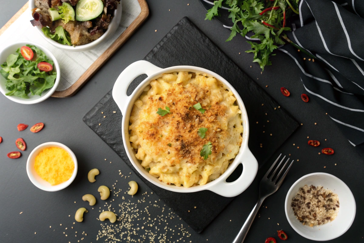 Mac and cheese served in a black bowl with golden