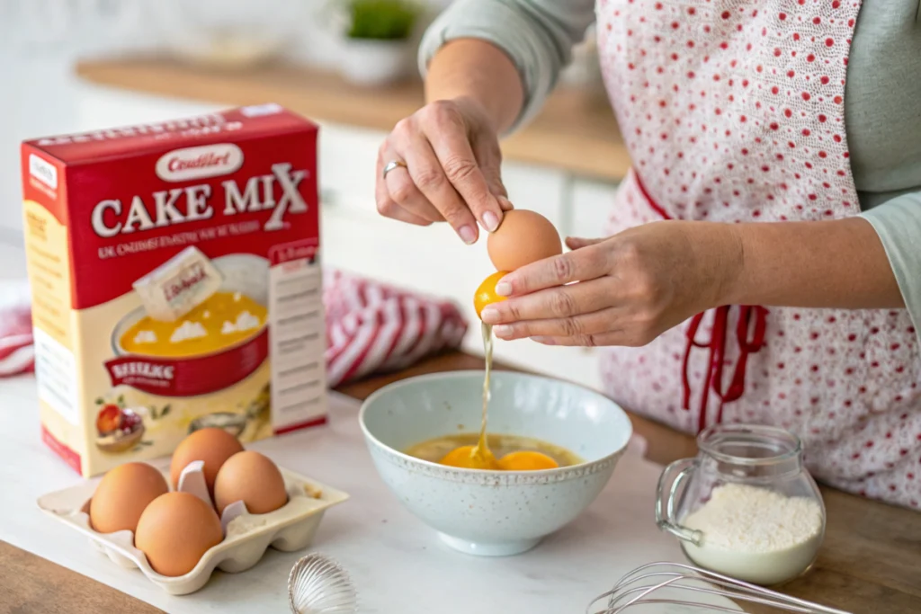 Baker cracking eggs into a bowl with cake mix in the background