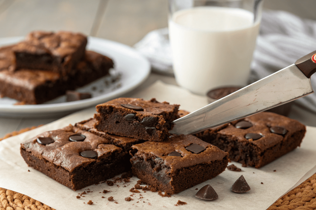 Knife slicing cooled brownies with clean edges and fudgy centers.