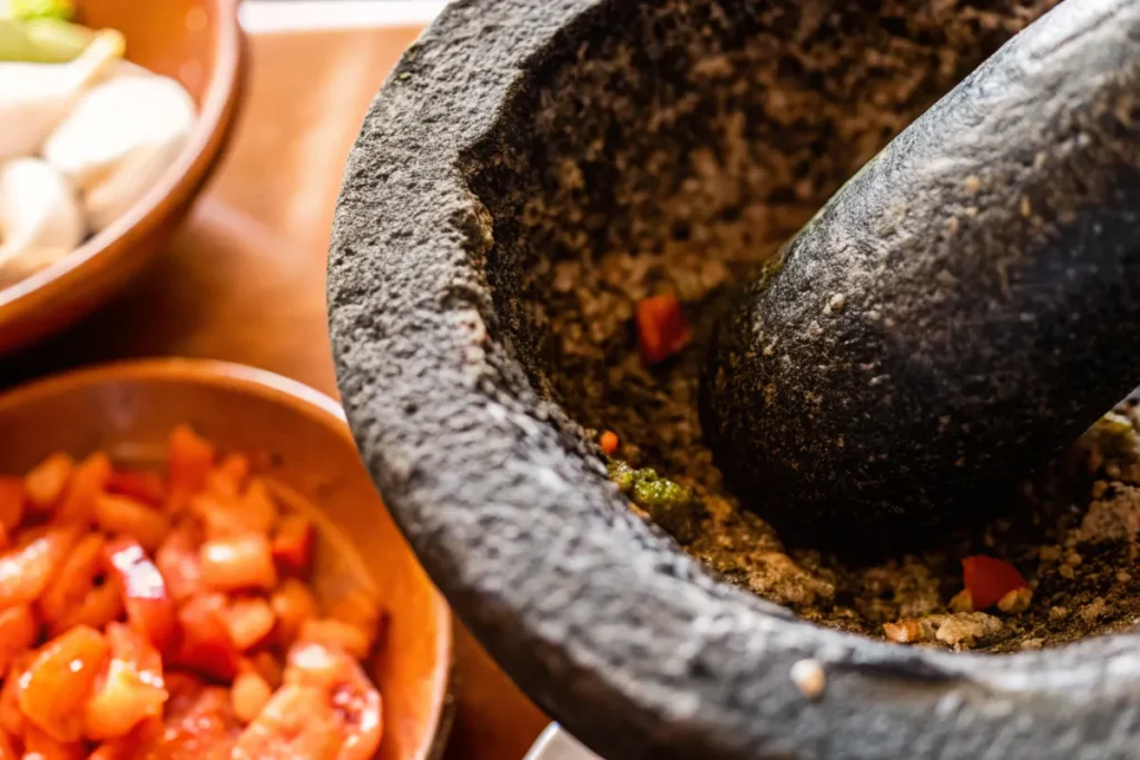 Preparing molcajete sauce in a traditional kitchen setting.