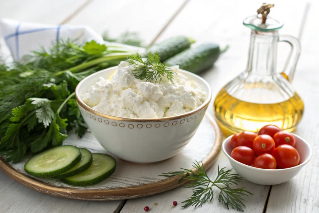 Ingredients for a savory cottage cheese recipe with herbs, vegetables, and olive oil.