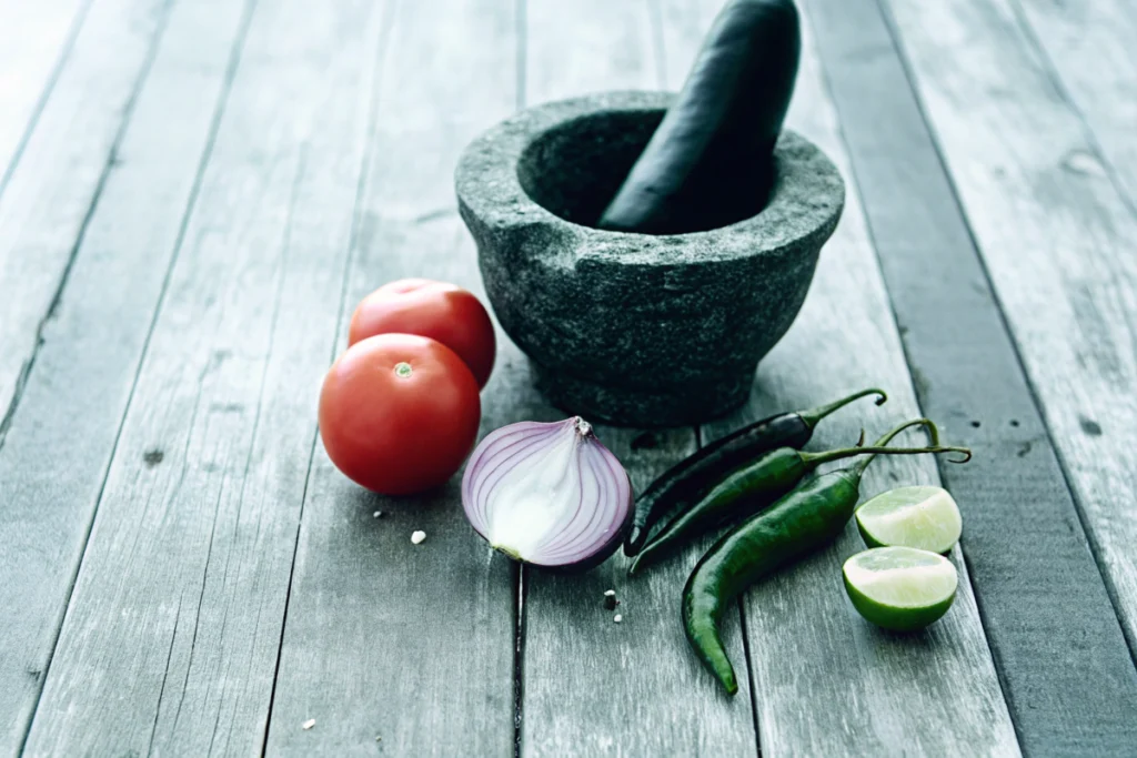 Fresh ingredients for molcajete sauce, including tomatoes, chilies, garlic, and onion, on a rustic table.