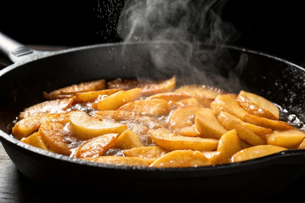 Fried apples simmering in caramel glaze.