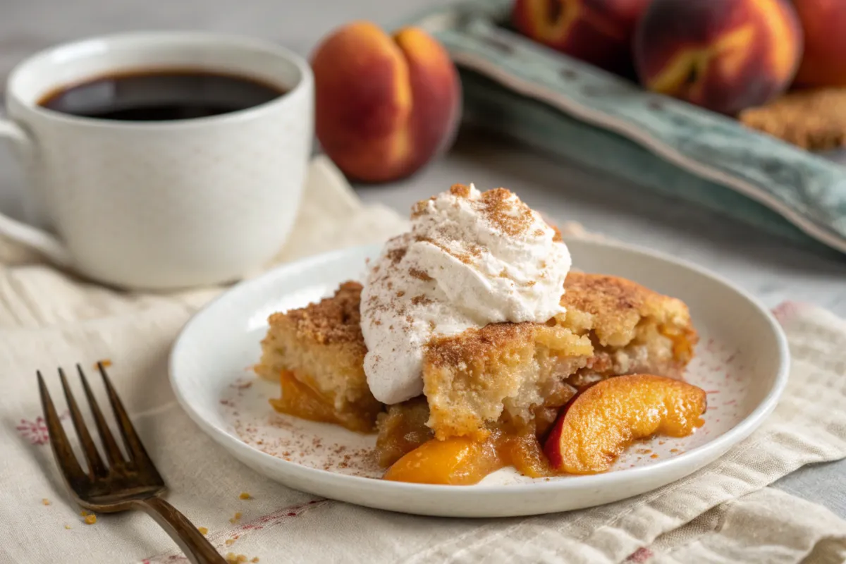 Peach cobbler served with whipped cream and cinnamon on a dessert plate.