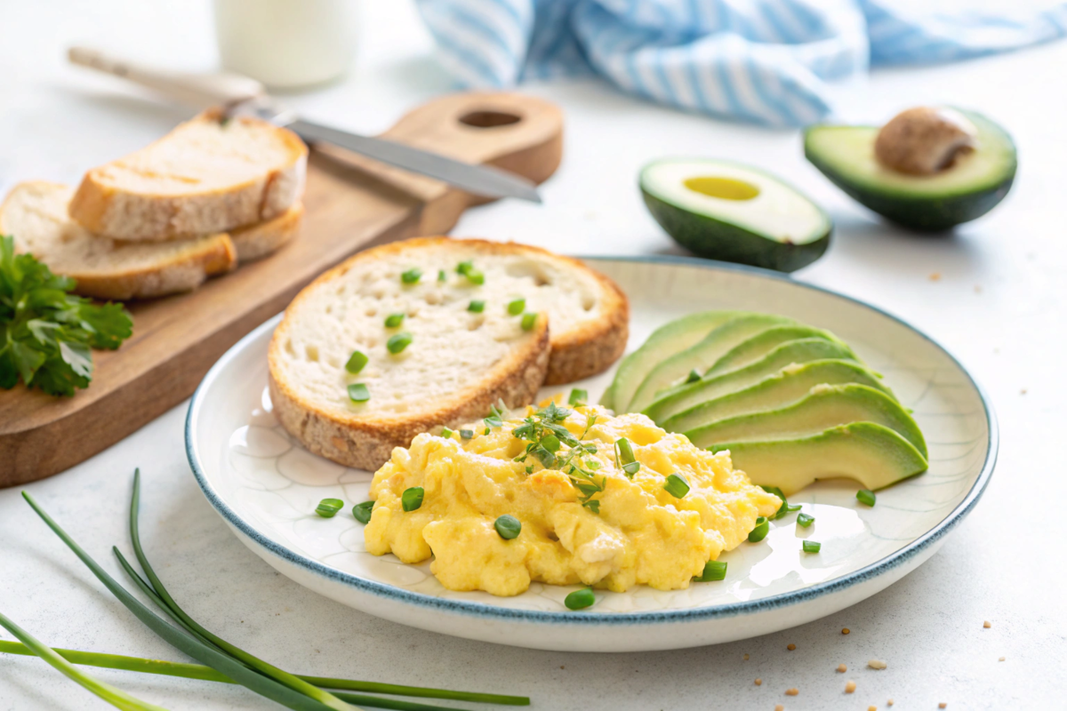 Scrambled eggs with cottage cheese served with avocado and toast