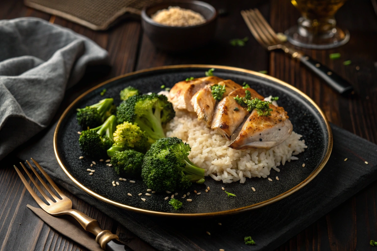 Sliced grilled chicken breast served with rice and broccoli on a black plate.