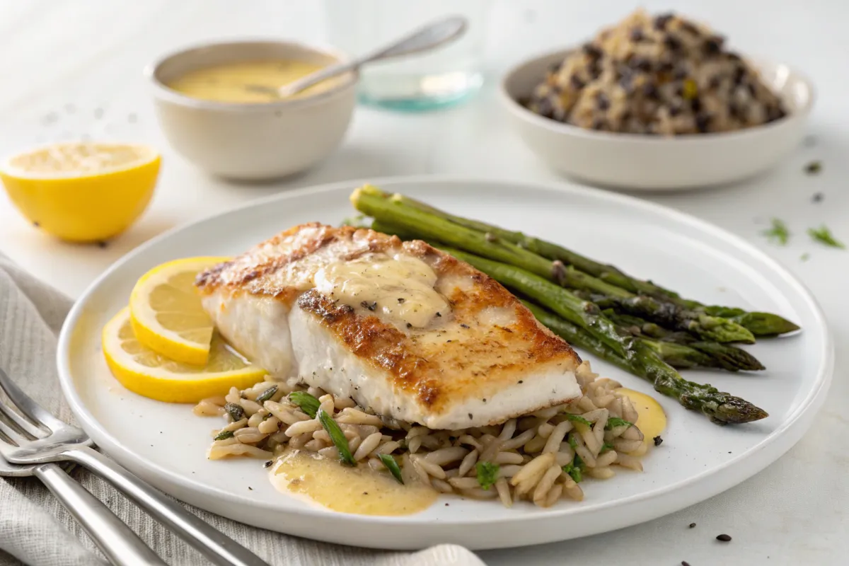 Plated rockfish fillet with roasted asparagus and wild rice