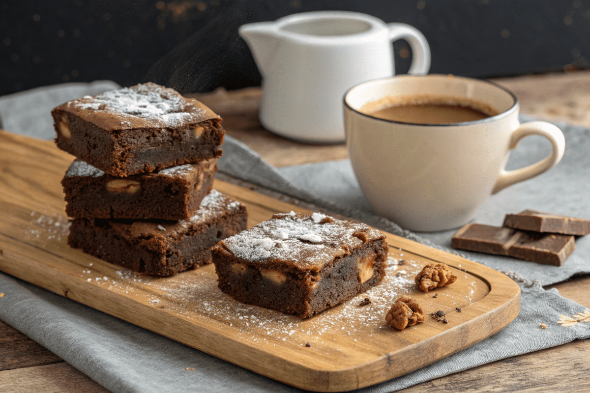 brownies dusted with powdered sugar, next to a coffee cup.