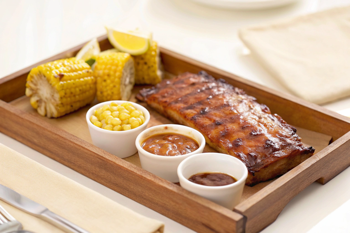 Grilled ribs served with barbecue sides like coleslaw and baked beans