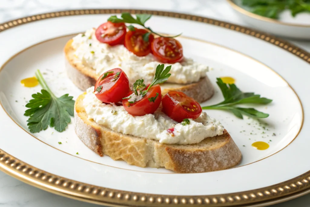 Savory cottage cheese spread served with sourdough and garnished with parsley.