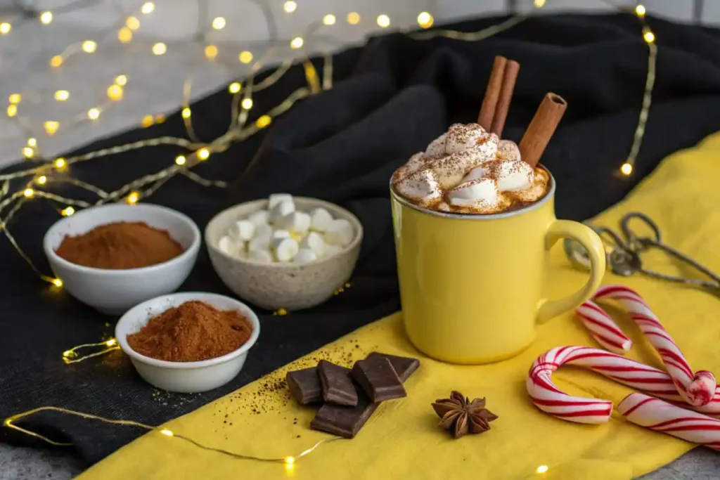 A mug of hot cocoa with whipped cream and toppings like cinnamon sticks and marshmallows.