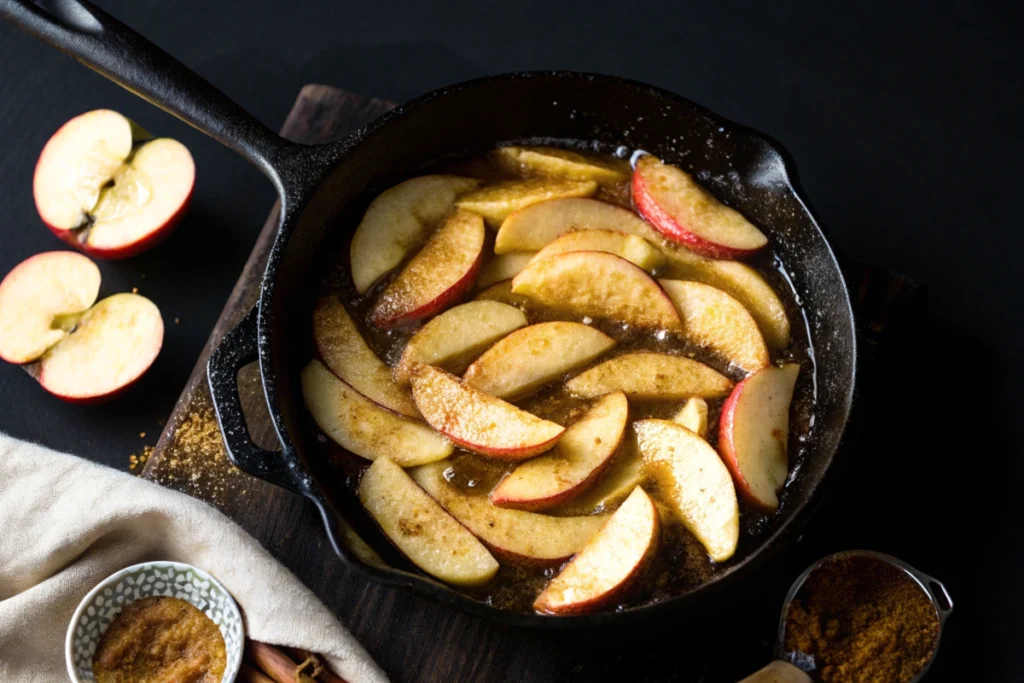 Cooking apple slices in butter and brown sugar for fried apples recipe.