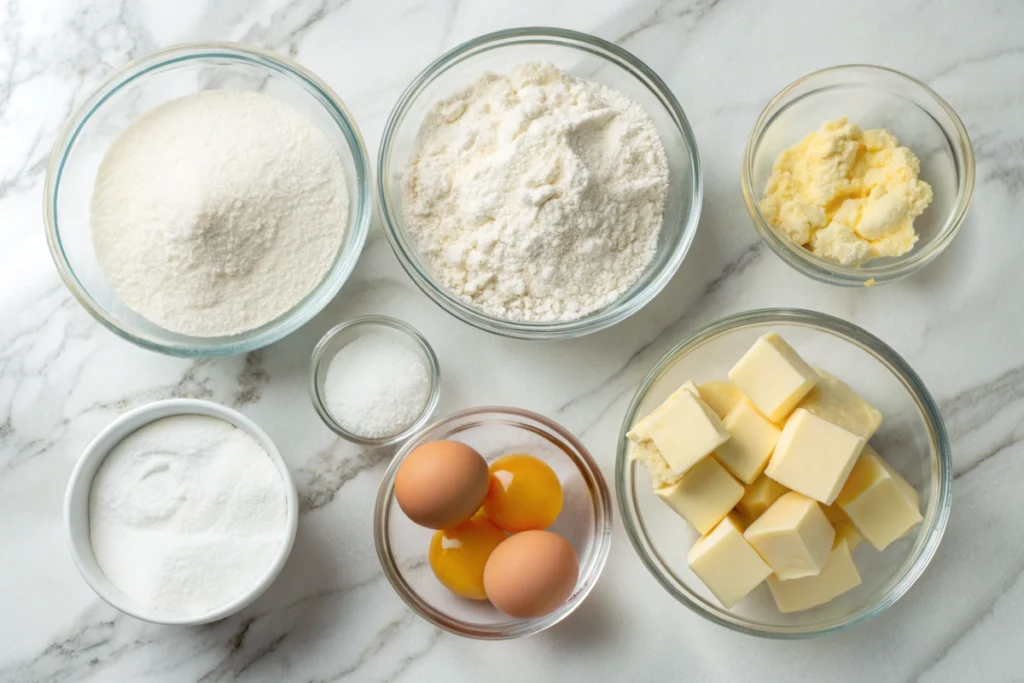 Vanilla cake ingredients arranged in glass bowls on a marble countertop.