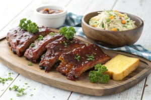 Tender ribs served with barbecue sauce, coleslaw, and cornbread on a wooden platter."