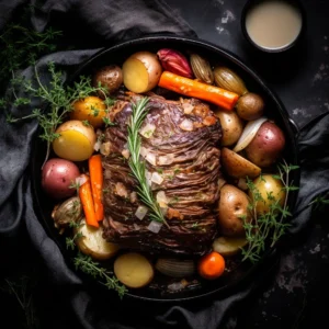 The final presentation of arm roast, sliced and served on a rustic platter, surrounded by roasted carrots and potatoes, and garnished with fresh thyme and rosemary.