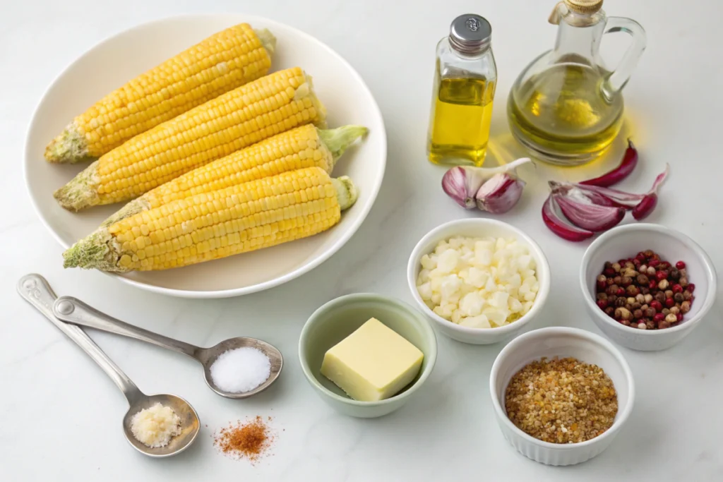 Raw ingredients for Fried Corn Recipe neatly arranged on a white countertop.