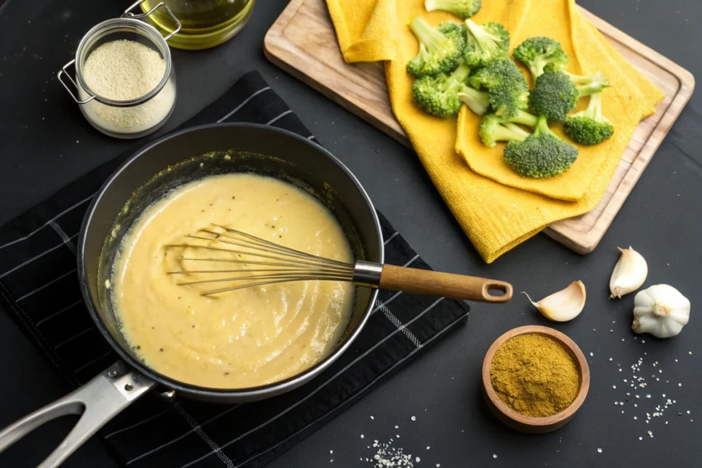 Preparation of creamy casserole sauce in a saucepan on a black stovetop.