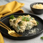 Plated serving of chicken broccoli rice casserole with parsley garnish on a black plate