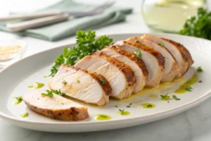 Tender chicken breast plated with roasted vegetables and mashed potatoes.