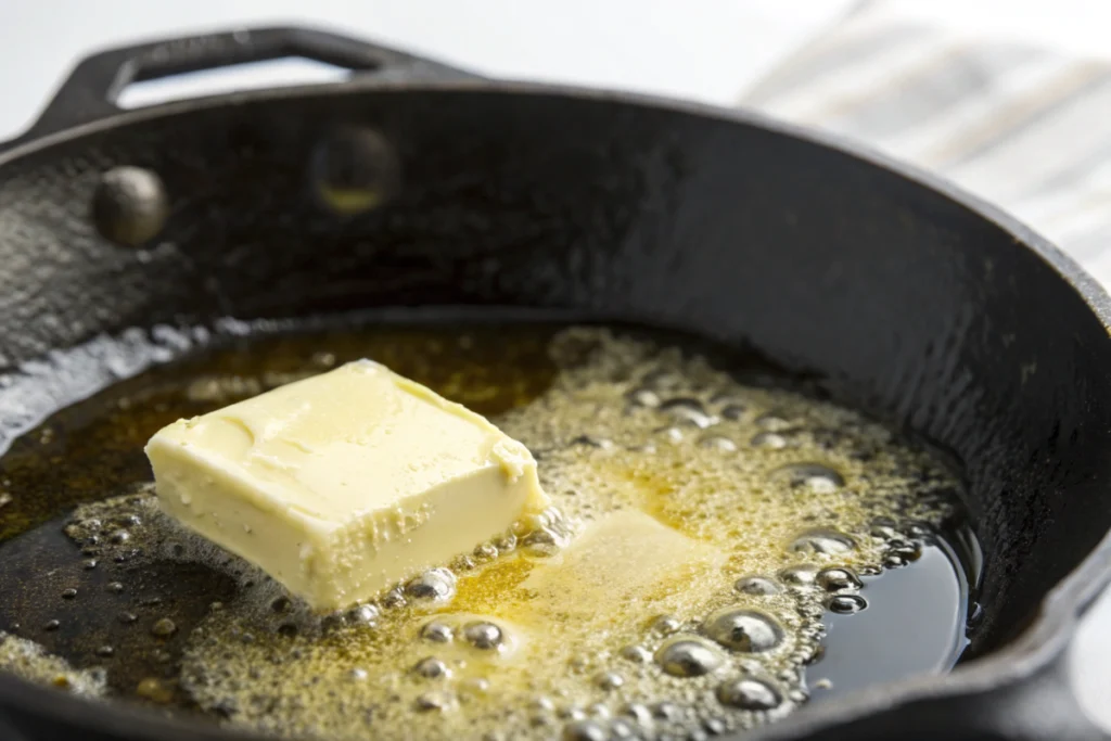 Butter melting and oil shimmering in a skillet for Fried Corn Recipe.