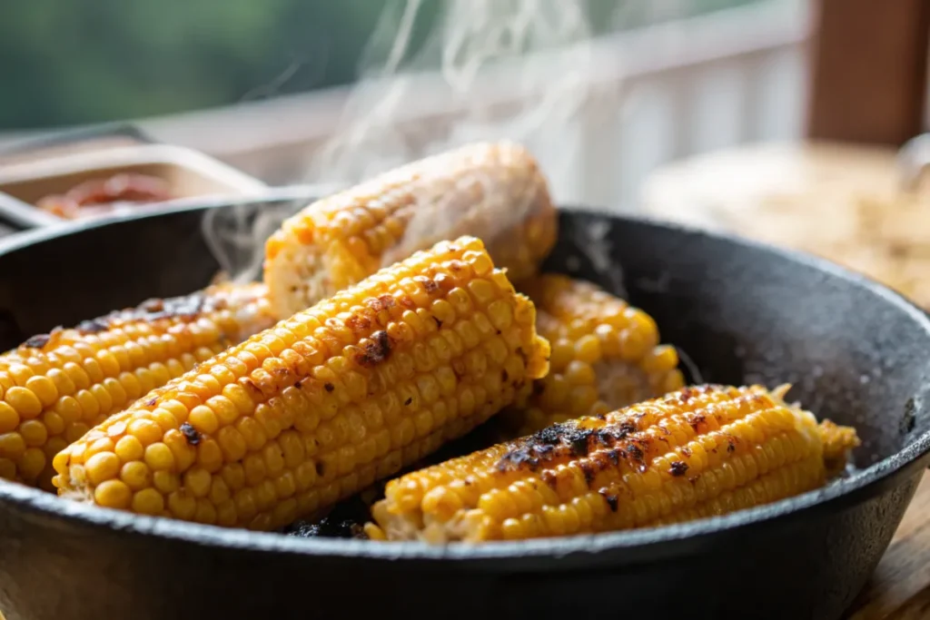 Close-up of perfectly cooked fried corn in a skillet.