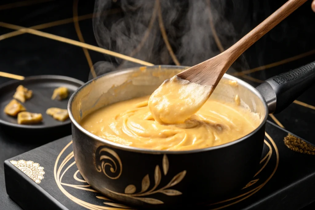 Creamy cheese sauce being stirred with a wooden spoon on a black and golden background.