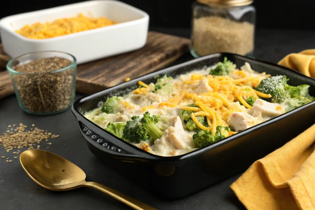 Unbaked chicken broccoli rice casserole in a black dish, topped with cheese