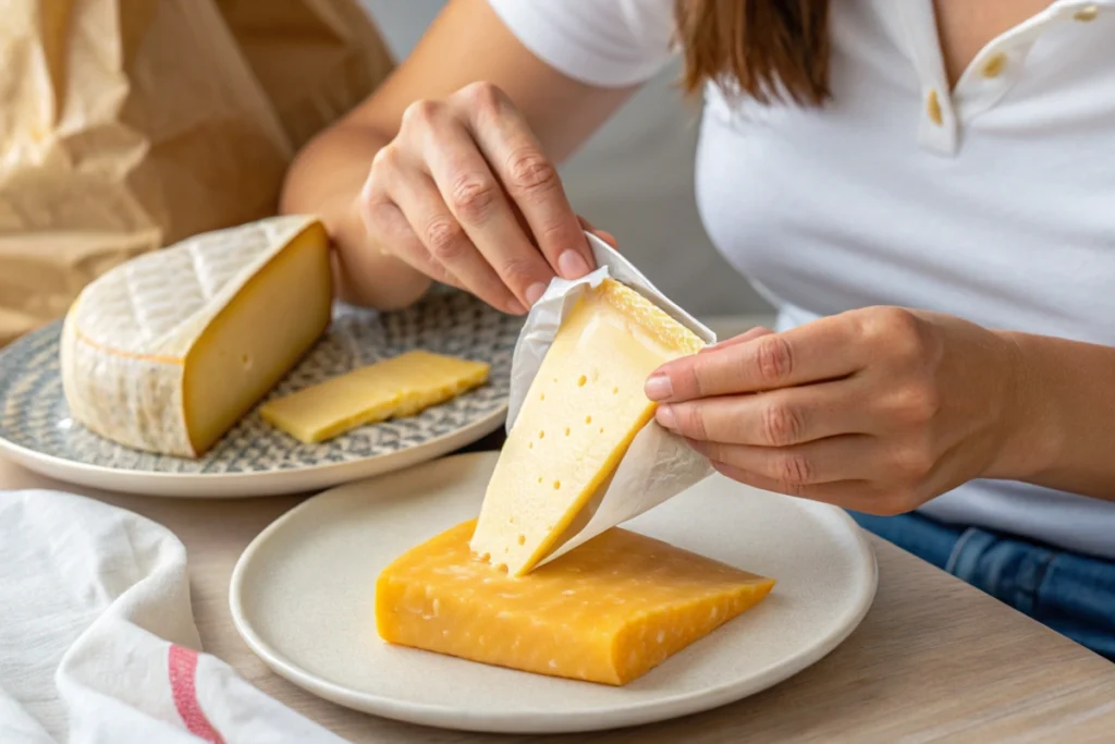 Table setup with pre-shredded cheese and processed cheese, unsuitable for mac and cheese.