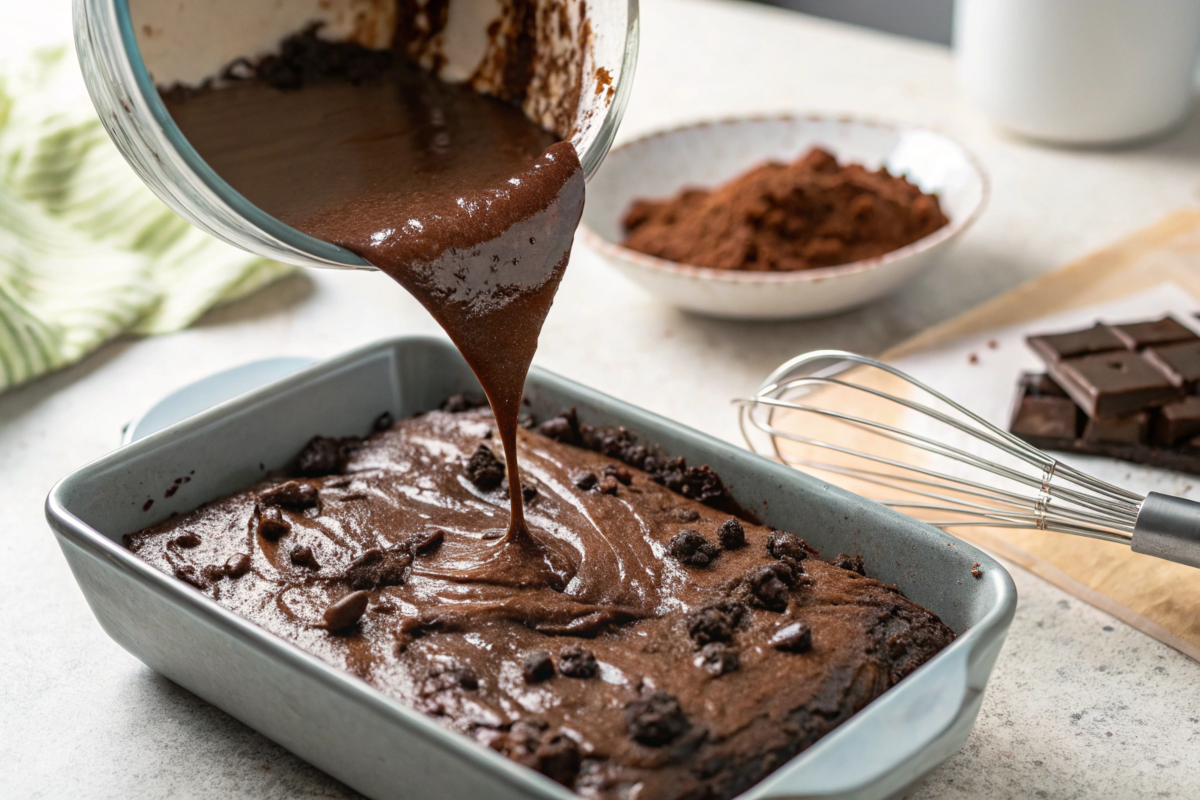 Cookie dough with chocolate chips in a mixing bowl on a rustic countertop.