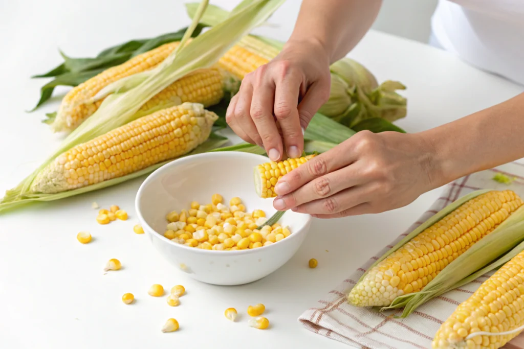 Hands removing corn kernels from the cob for Fried Corn Recipe.