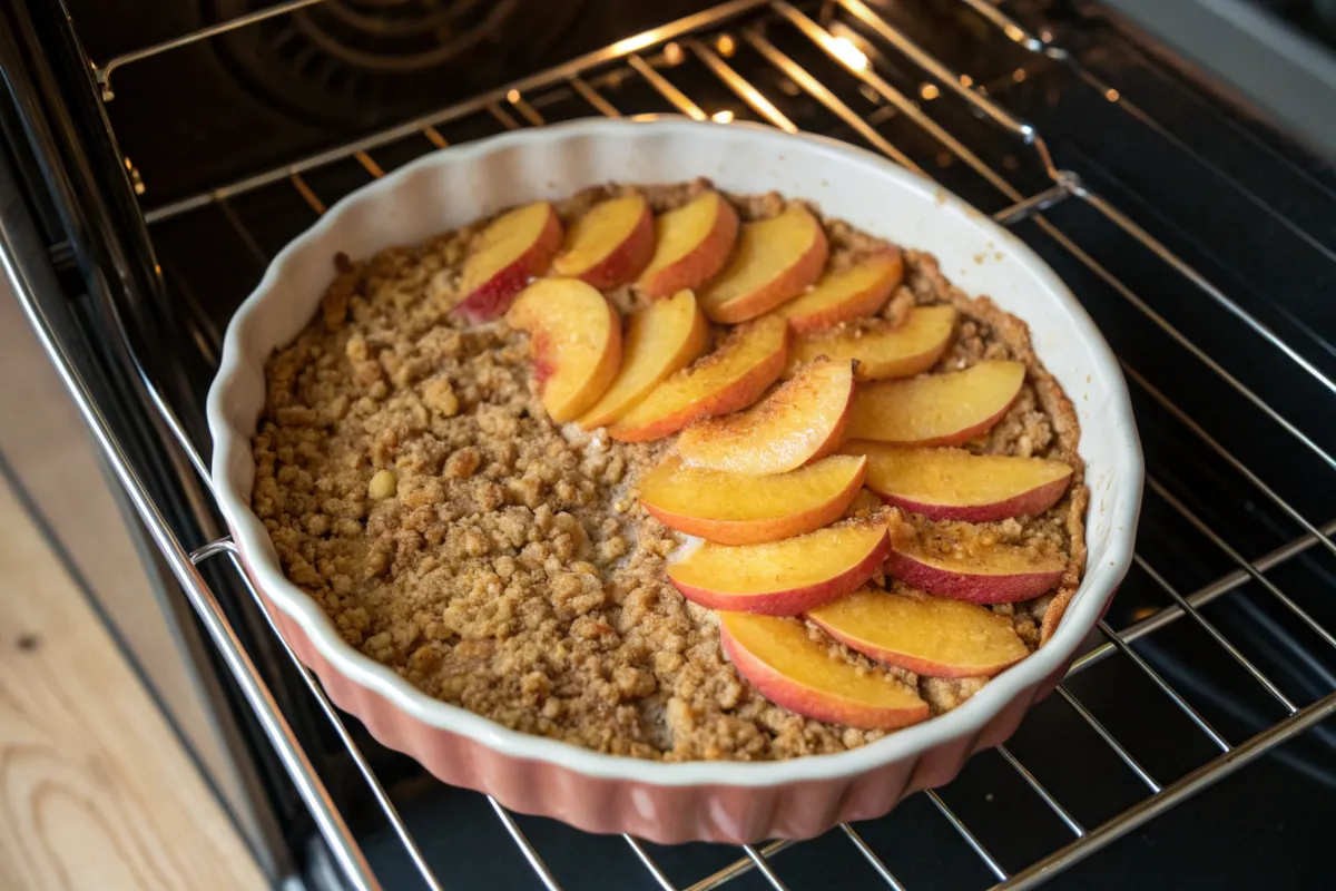 Crumble topping turning golden brown in the oven."