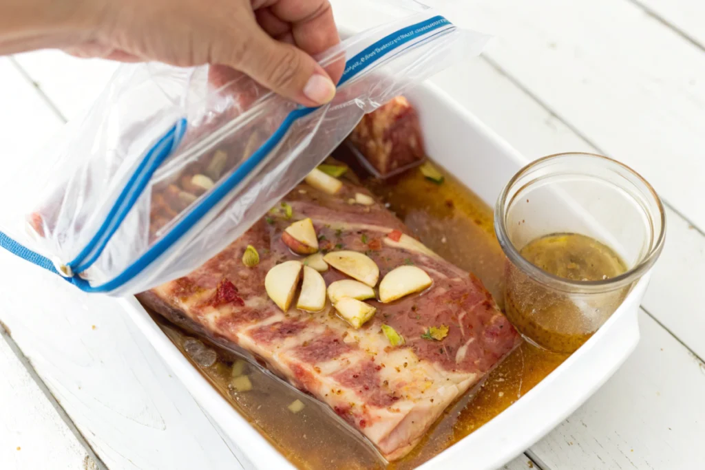 Marinating ribs in a flavorful mixture for tender cooking in oven or grill.