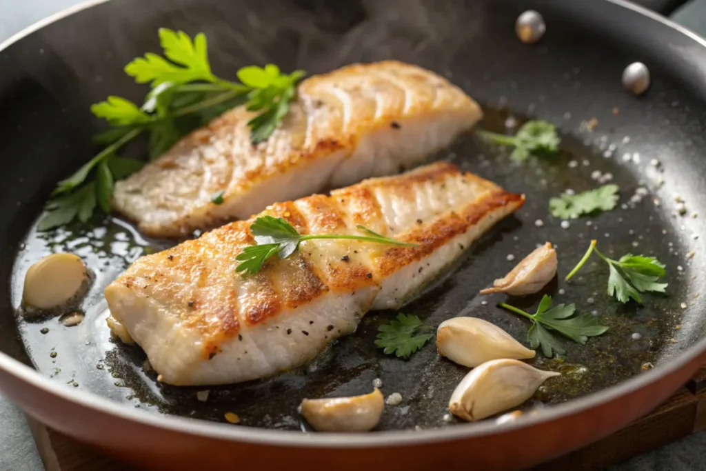 Rockfish fillets cooking in a pan with garlic and herbs